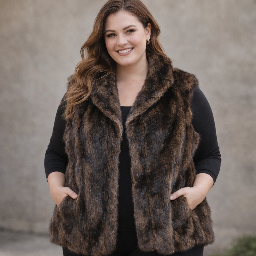 Faux Mink Plush Fur Vest Two-Tone Brown Pockets Investments SIZE 3X